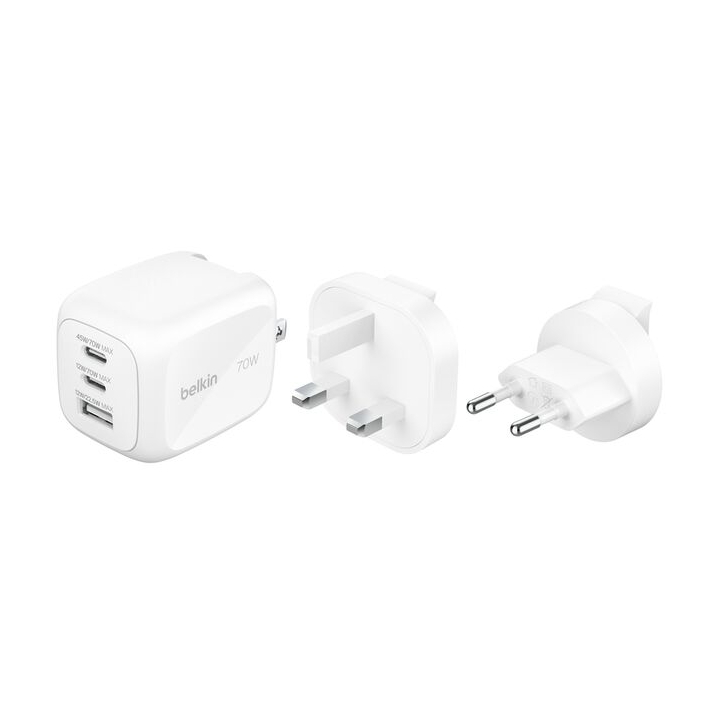 Belkin BoostCharge Pro chargeur GaN 3 ports 70 W avec kit d’adaptateurs de voyage - Blanc