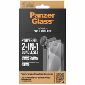 PanzerGlass ﻿Pack 2-en-1 - Protection d'écran antibactérienne Ultra-Wide Fit avec applicateur + Protection de caméra iPhone 15 Pro