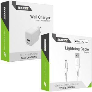 Accezz Chargeur Mural avec câble USB-C vers USB-A - Chargeur - certifié MFi - 20 Watt - 1 mètre - Blanc