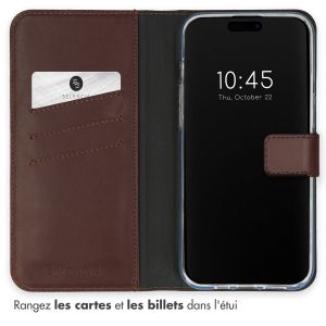 Selencia Étui de téléphone portefeuille en cuir véritable iPhone 15 Pro - Brun