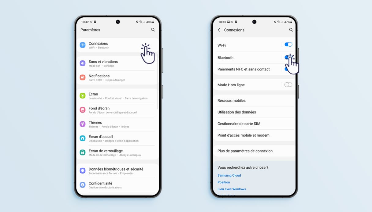 Instruction pour activer le bluetooth sur un téléphone Samsung.