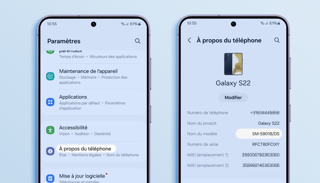 Samsung affiche une explication sur la manière de trouver le nom ou le numéro d'un modèle via les paramètres.