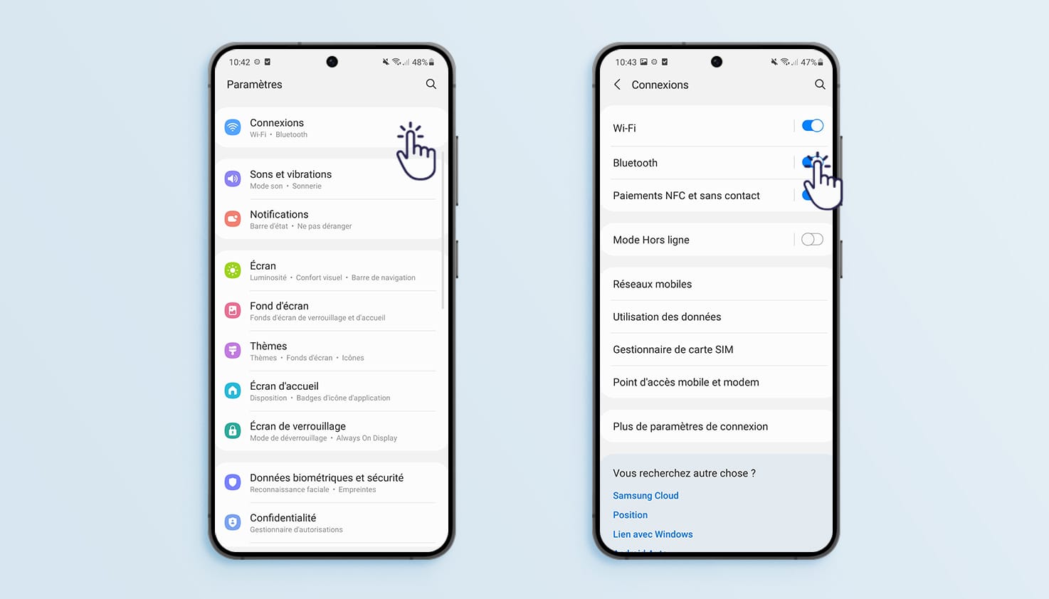 Instruction pour activer le bluetooth sur un téléphone Samsung.