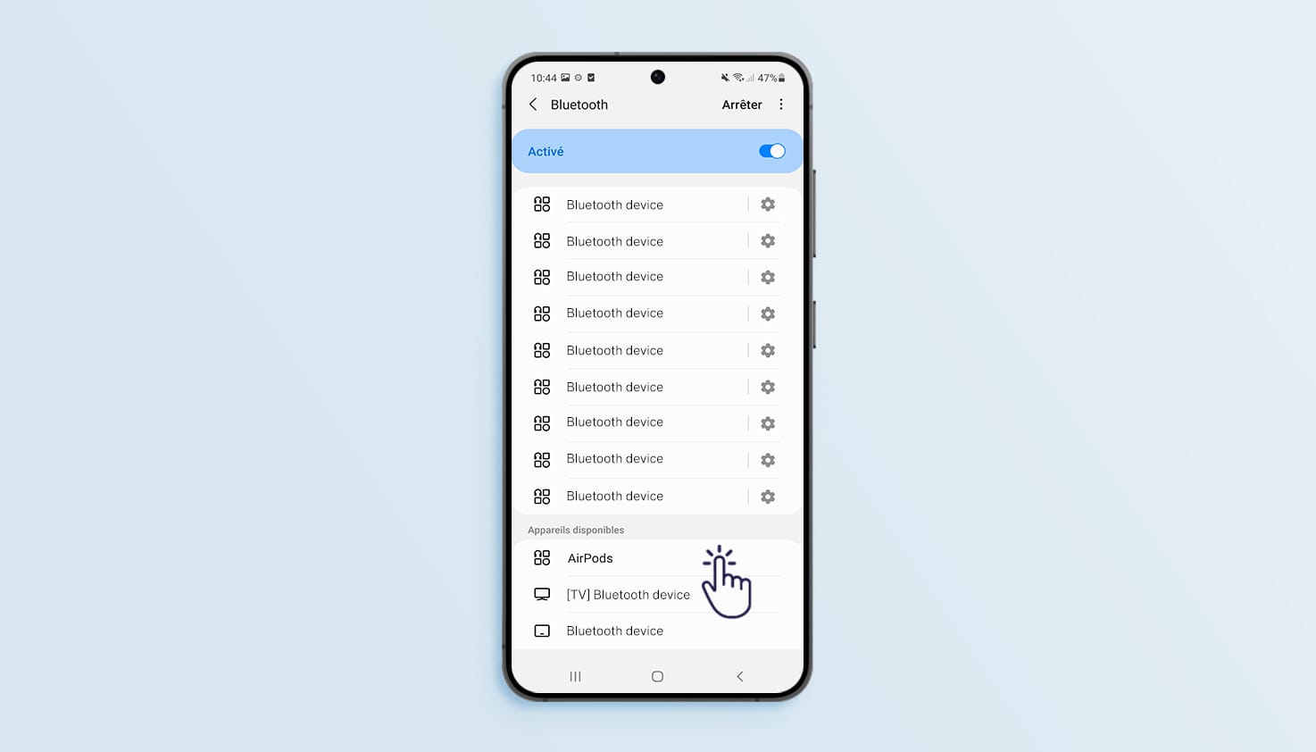 Instructions de recherche pour connecter le Samsung aux AirPods d'Apple.