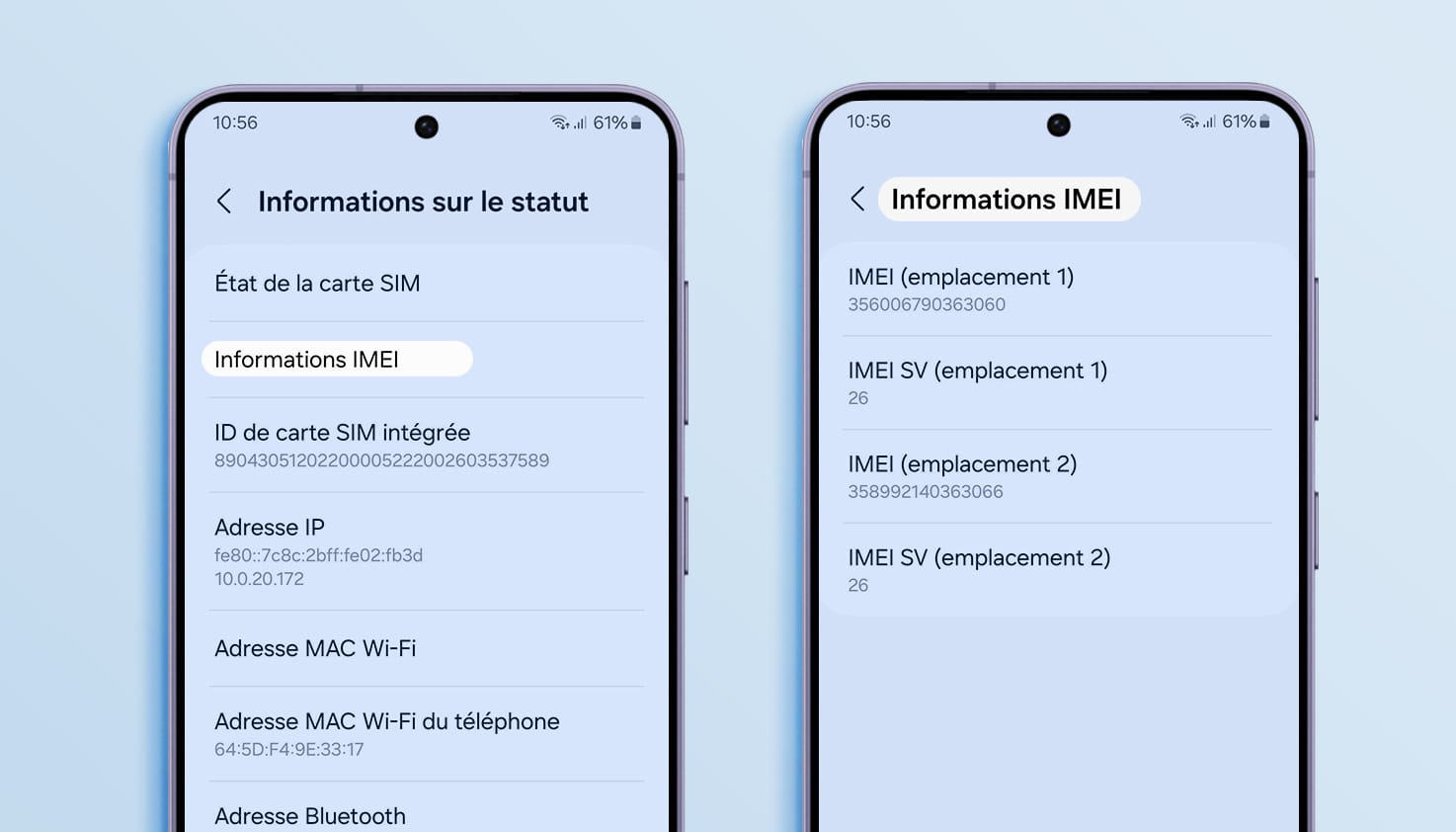 Écran Samsung expliquant comment trouver le numéro d'heure dans les paramètres.
