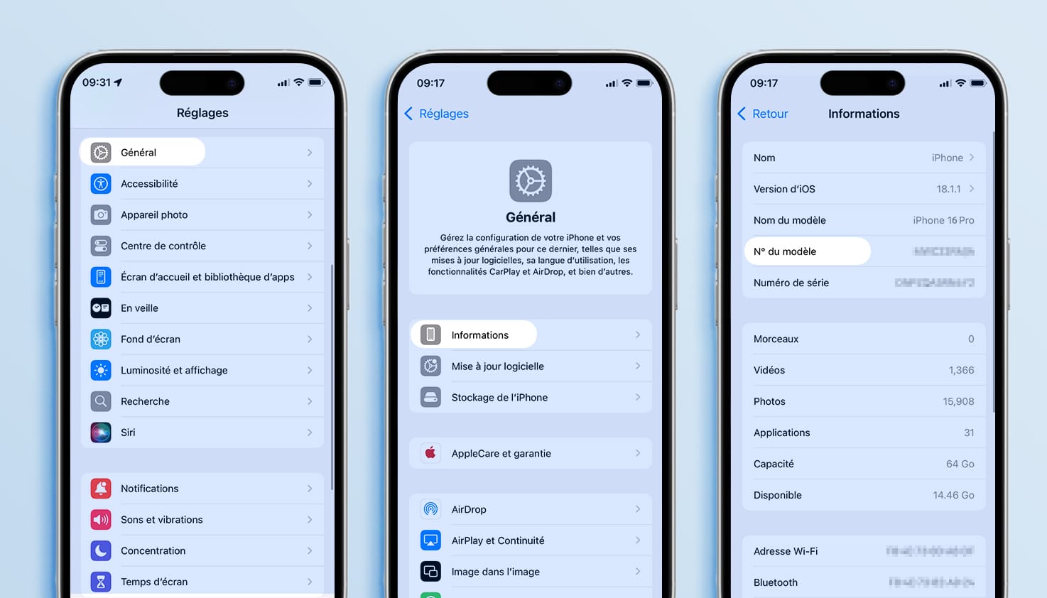 Écrans d'iPhone avec une explication sur la façon de trouver un numéro de modèle via les réglages.