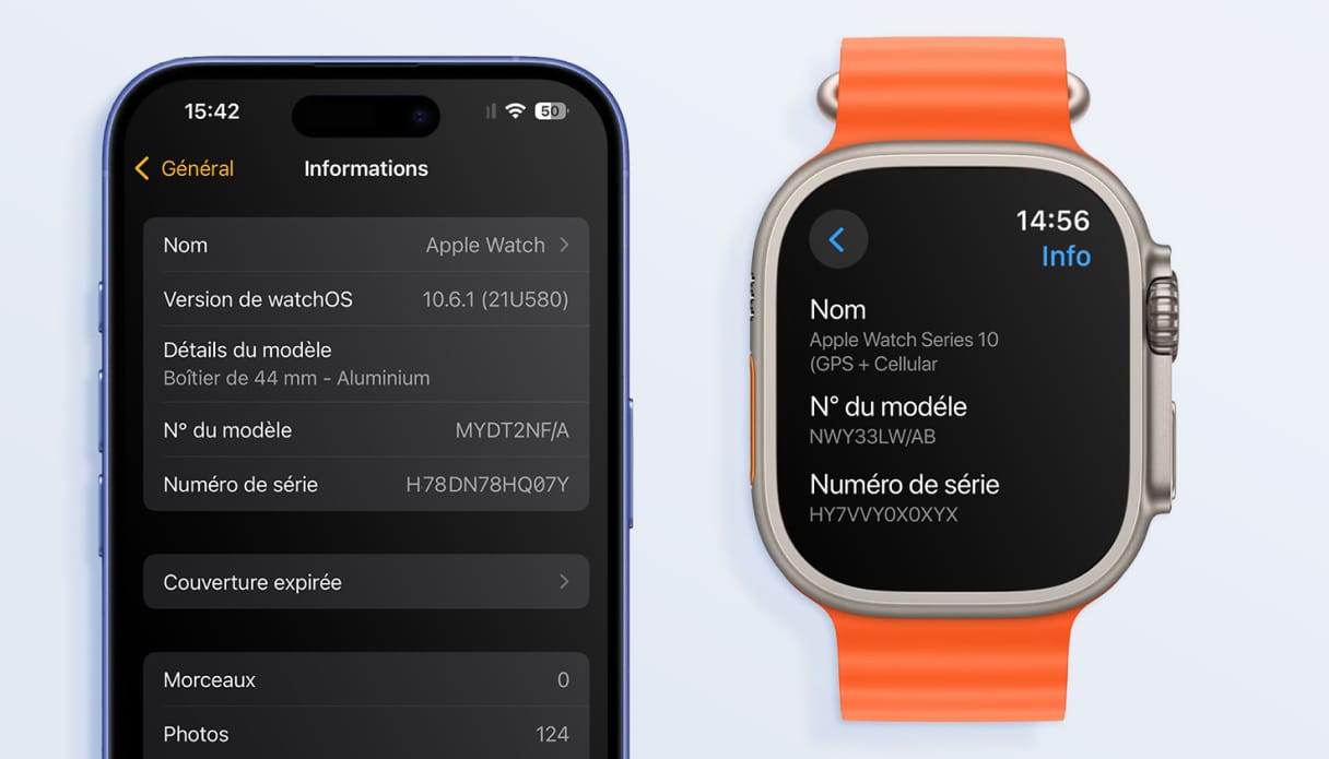 Les réglages sur un iPhone et une Apple Watch pour retrouver le code modèle.