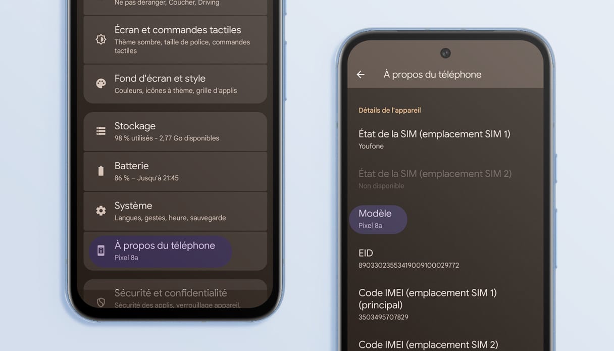 Un téléphone Google avec des paramètres.