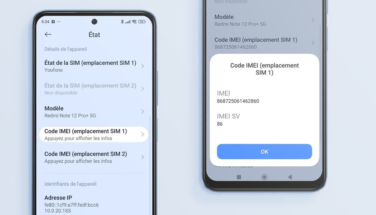 Écran Android avec une explication sur la façon de trouver le numéro IMEI via les paramètres.