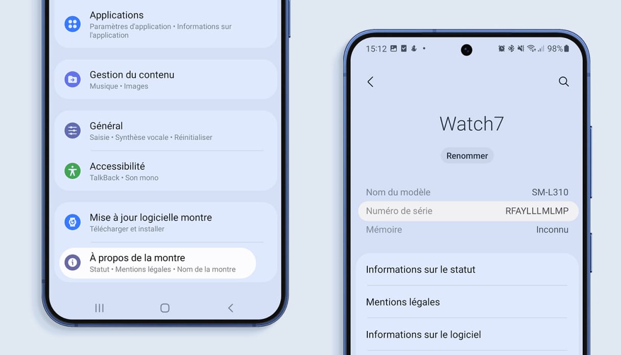 Les paramètres de ton téléphone pour retrouver le numéro de série de ta Samsung Watch.