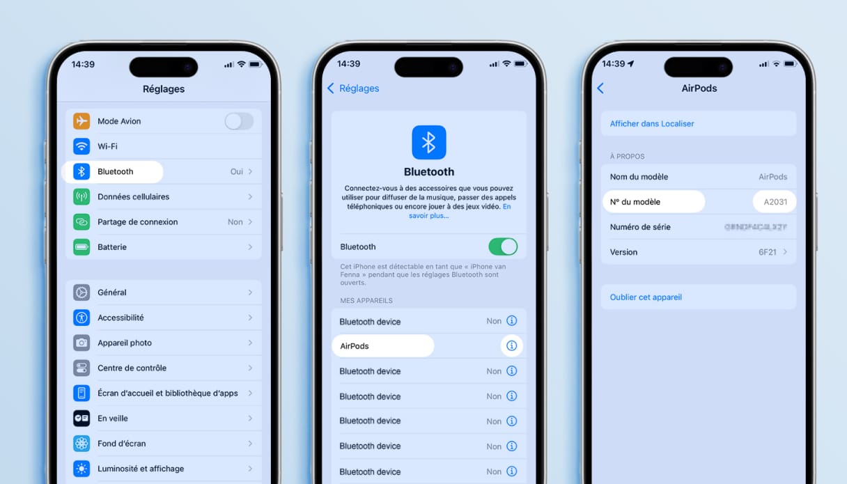 Trois iPhones côte à côte montrant la feuille de route pour savoir quels AirPods vous possédez.