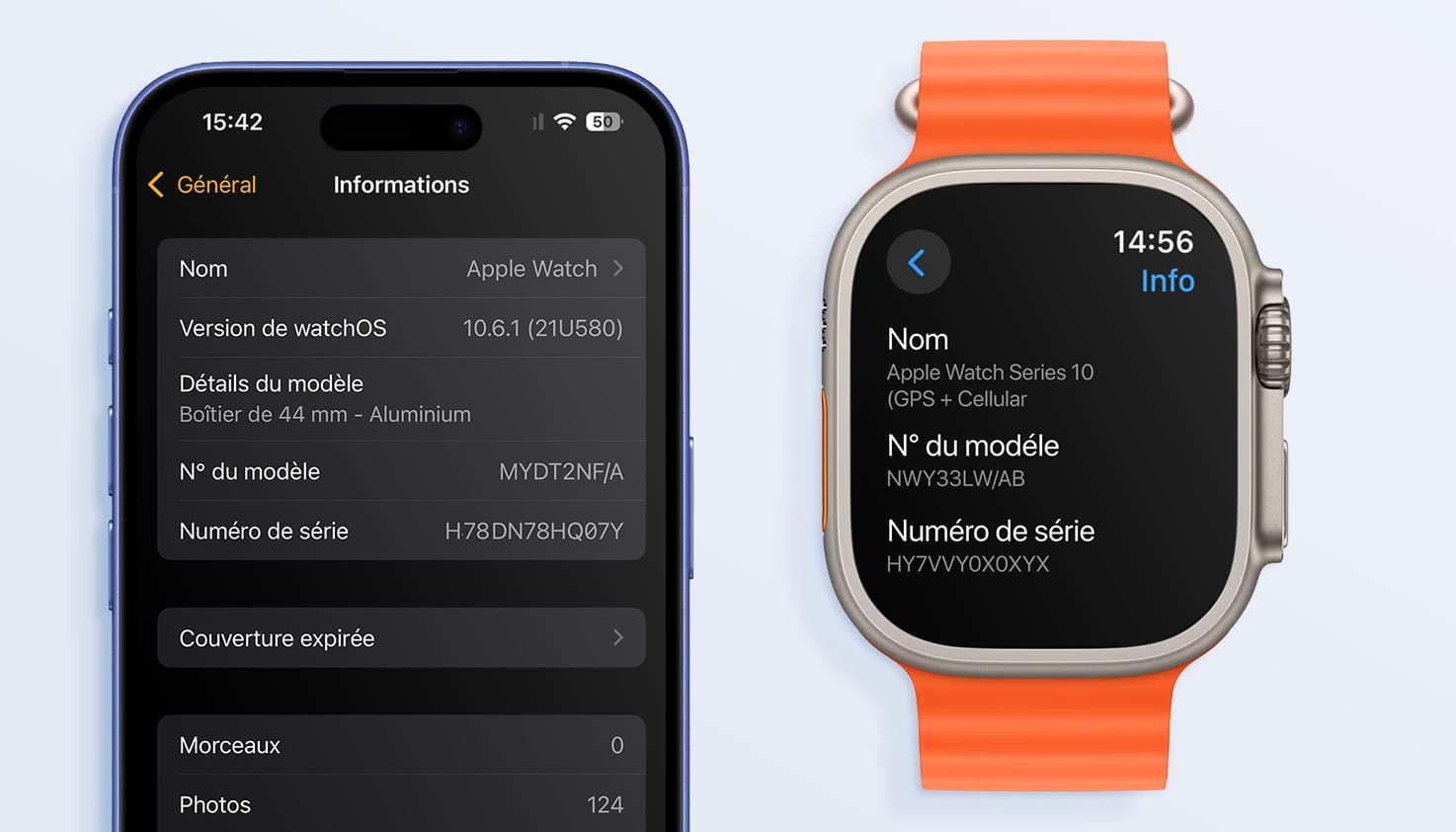 Les réglages sur un iPhone et une Apple Watch pour retrouver le code modèle.