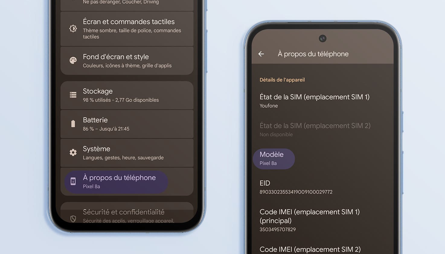 Un téléphone Google avec des paramètres.