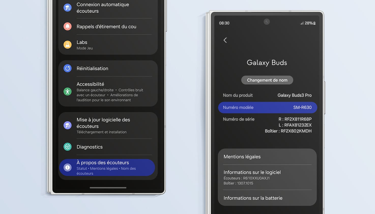 Application Samsung Wearable où tu trouveras le numéro de modèle de tes Galaxy Buds.