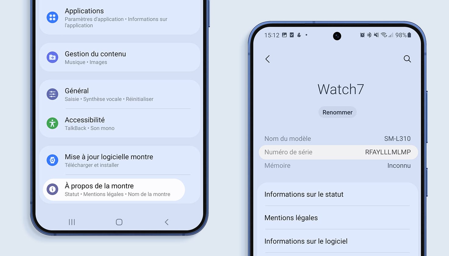 Les paramètres de ton téléphone pour retrouver le numéro de série de ta Samsung Watch.