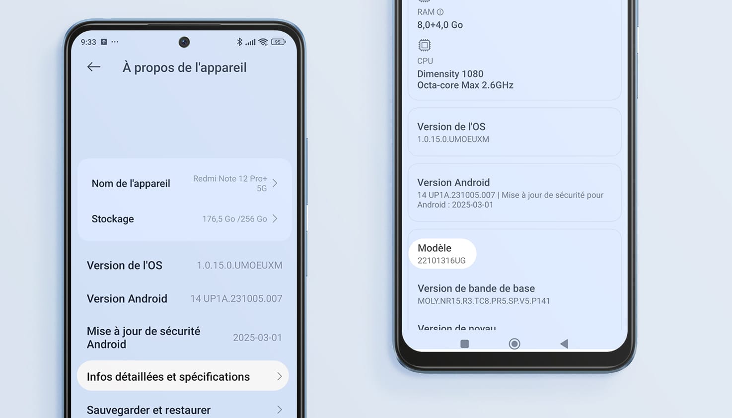 Écrans Android avec une explication sur la façon de trouver un nom ou un numéro de modèle via les paramètres.