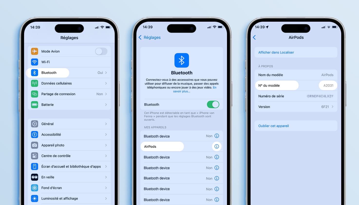 Trois iPhones côte à côte montrant la feuille de route pour savoir quels AirPods vous possédez.