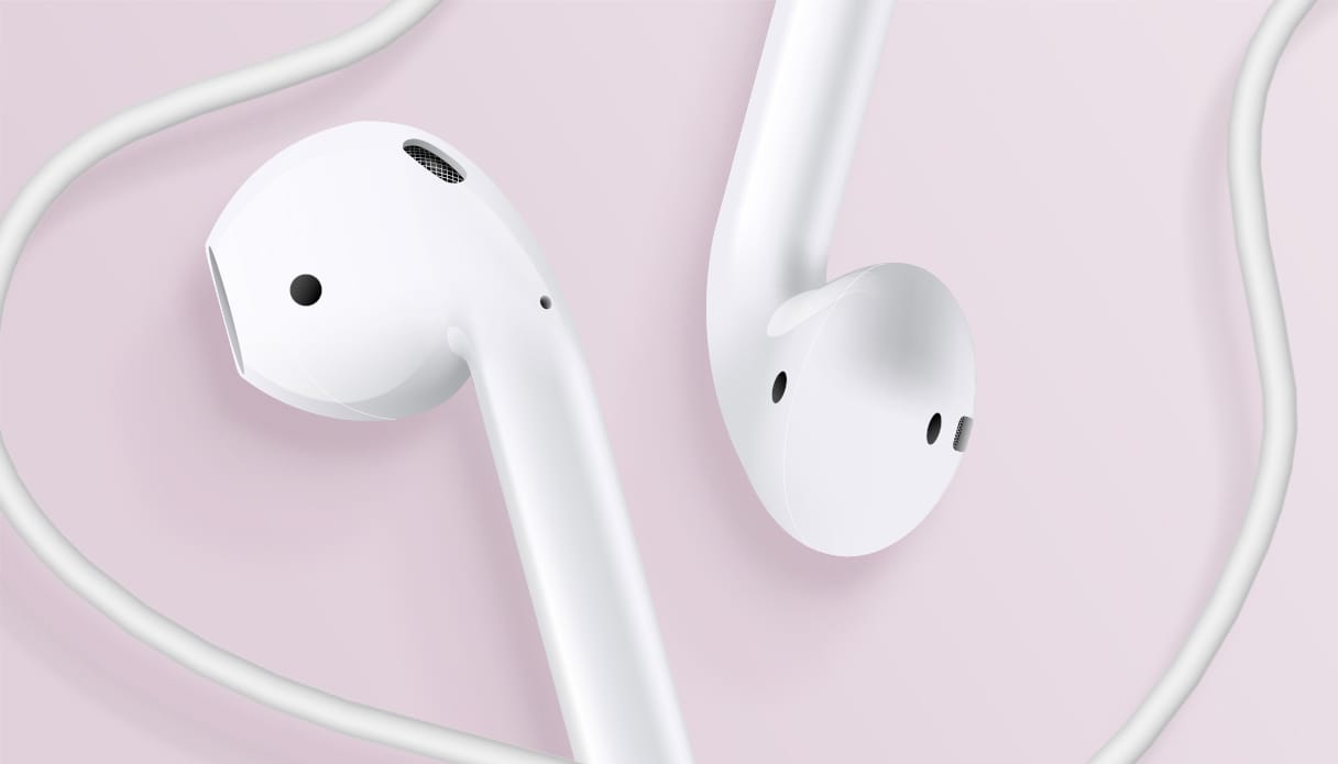 Les Apple EarPods sont centrés, entourés par les câbles des écouteurs.