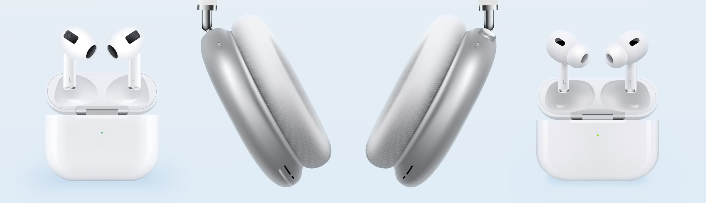 L'Apple AirPods Max au centre et l'Apple AirPods 3 de chaque côté.