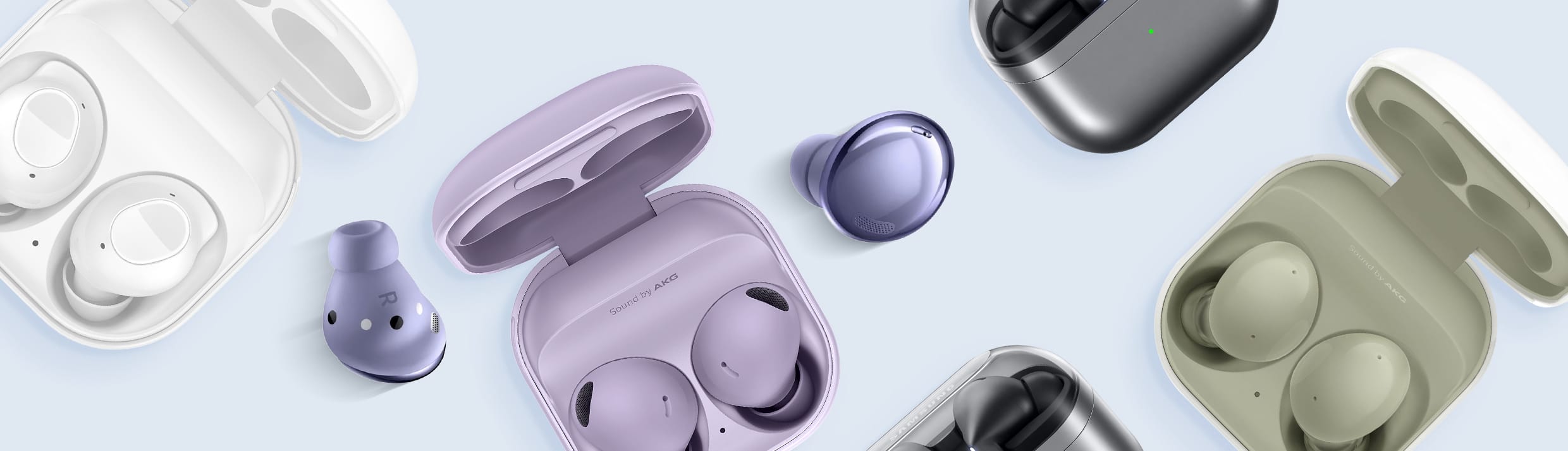 Samsung Galaxy Buds en différentes couleurs.