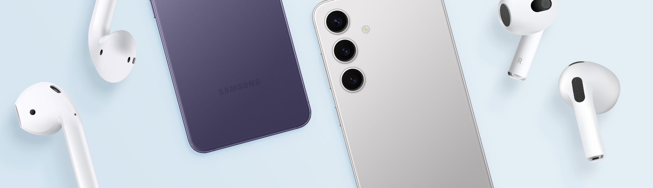 Collection d'Apple AirPods et de téléphones Samsung pour se connecter les uns aux autres.