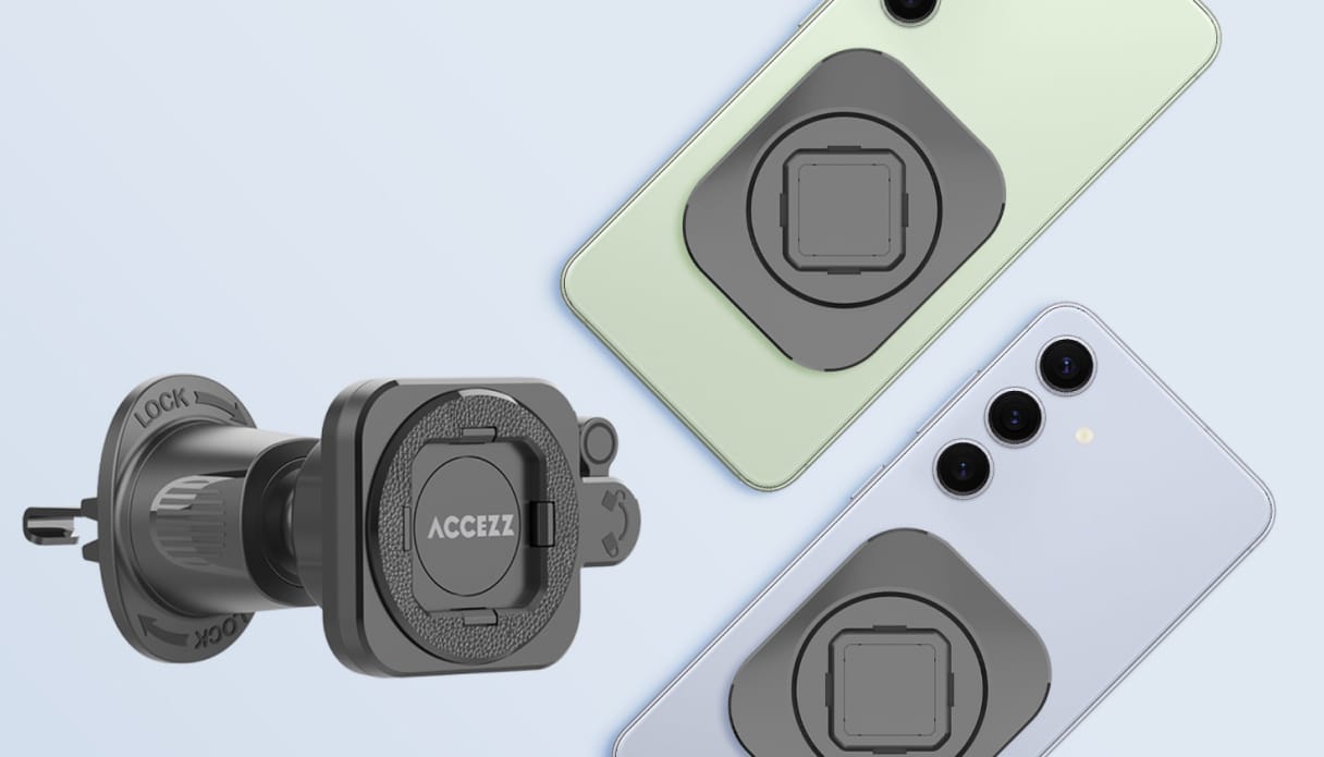 Une photo produit de deux téléphones avec une plaque magnétique et un support pour téléphone avec un système de fixation à clic.