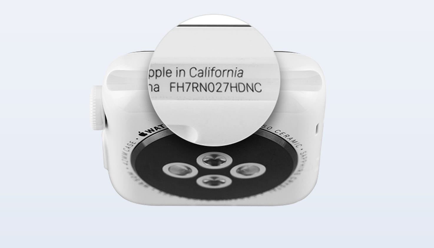 Photo claire d’une Apple Watch montrant où trouver le numéro de série sur le boîtier.