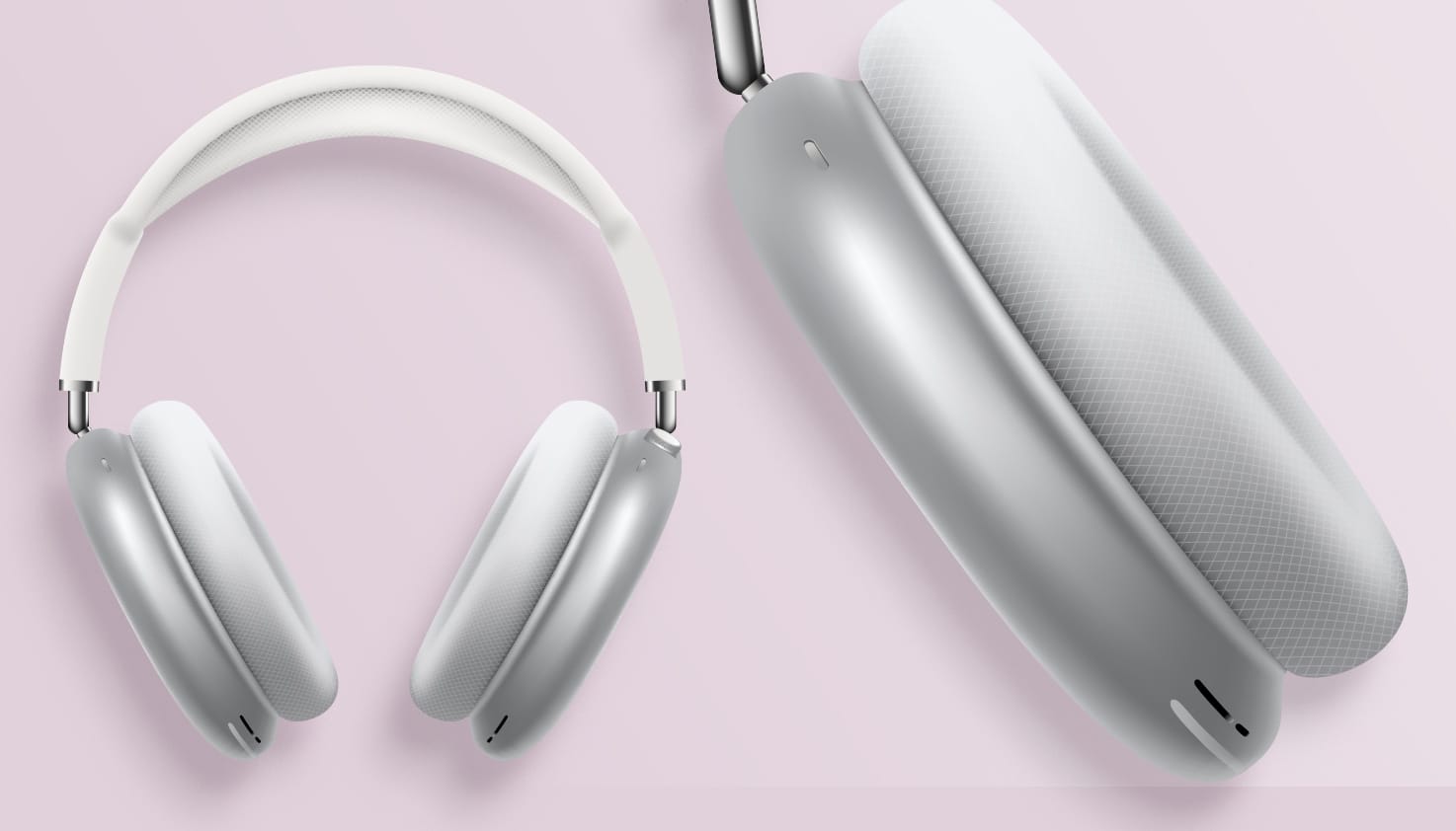 Les Apple AirPods Max sont entièrement visibles sur l'image, avec une mise au point sur l'oreillette gauche.