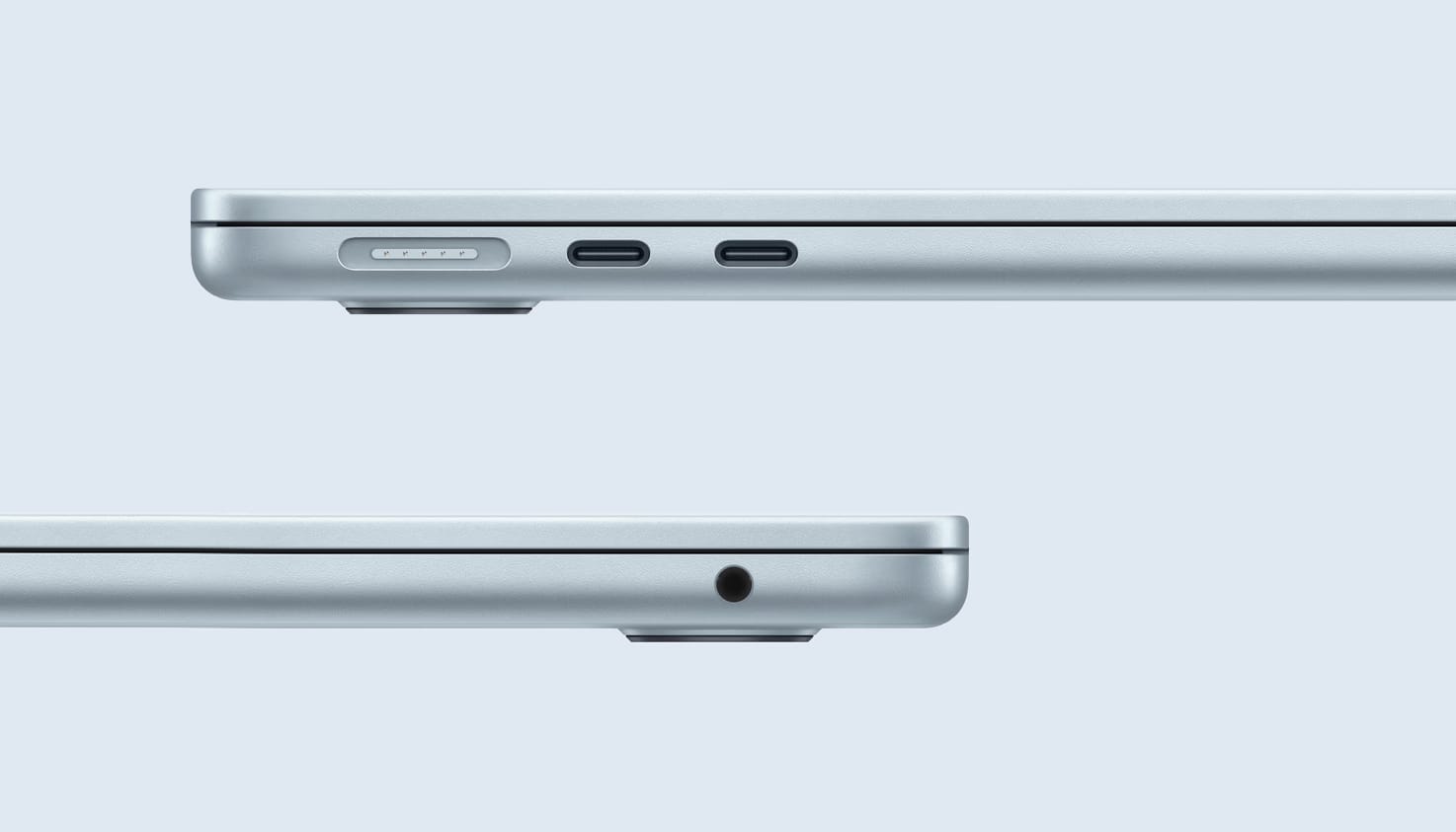 Un MacBook vu sous deux angles diff&eacute;rents avec des connecteurs vari&eacute;s.