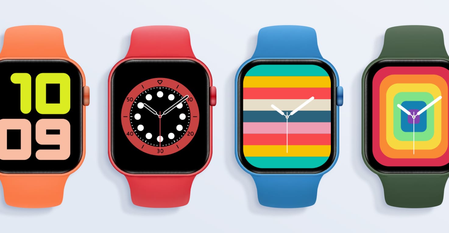Photo de plusieurs Apple Watch avec différents arrière-plans sur un fond bleu.