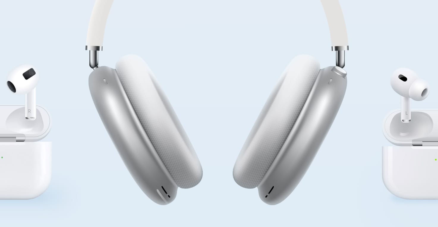 L'Apple AirPods Max au centre et l'Apple AirPods 3 de chaque côté.