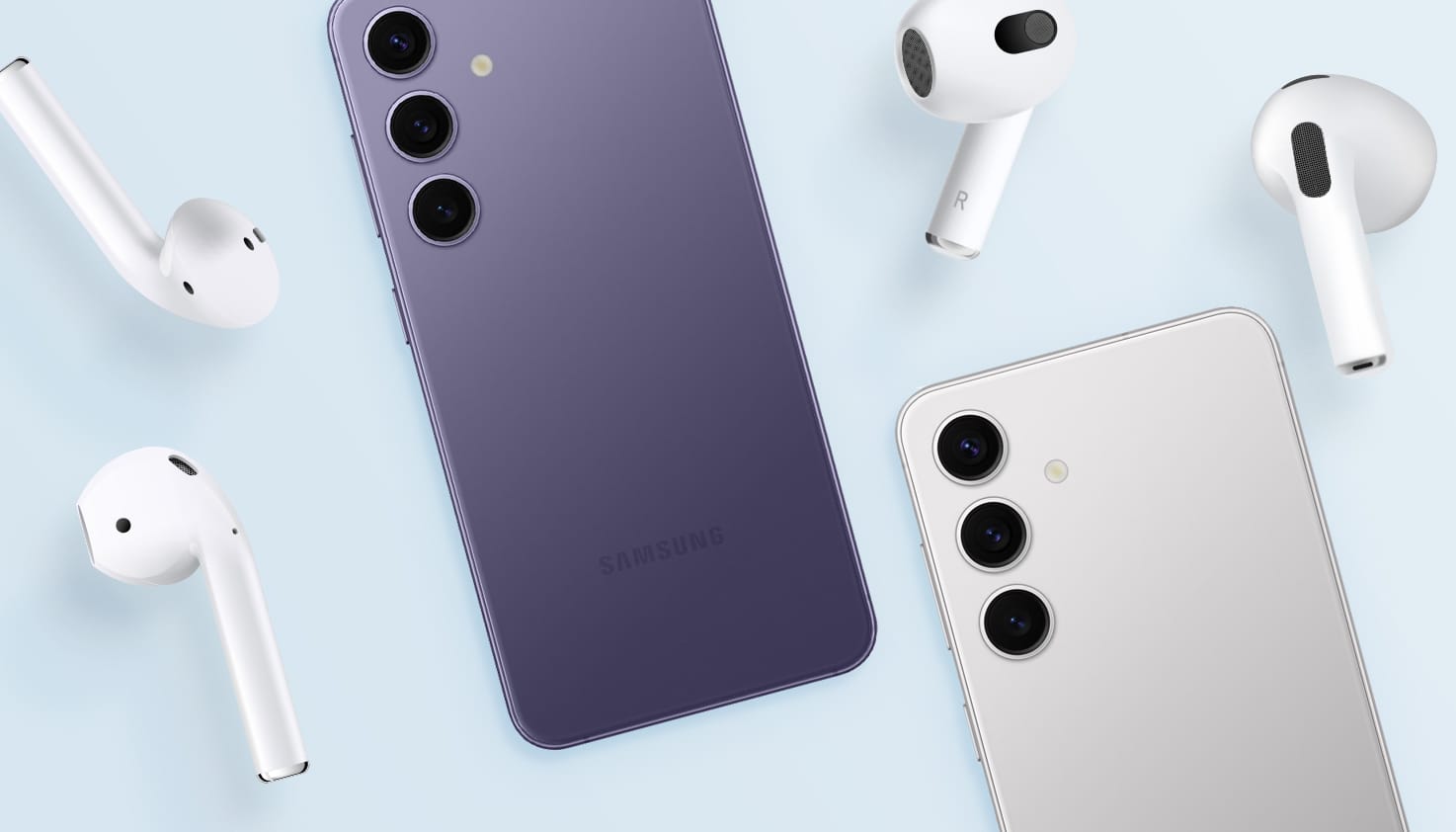 Collection d'Apple AirPods et de téléphones Samsung pour se connecter les uns aux autres.