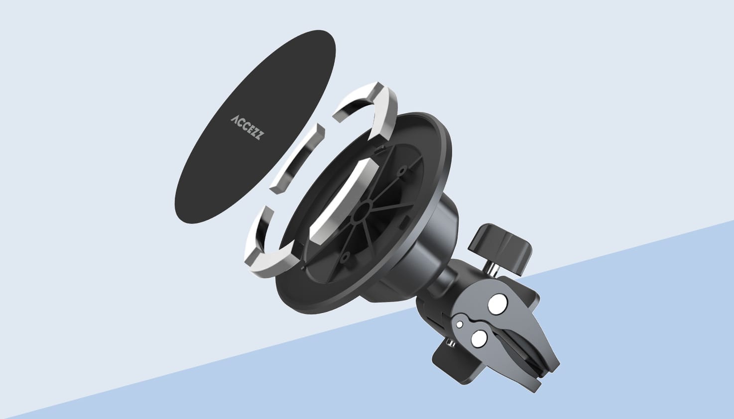 Une photo d’un support magnétique pour téléphone, démonté pour illustrer son fonctionnement.