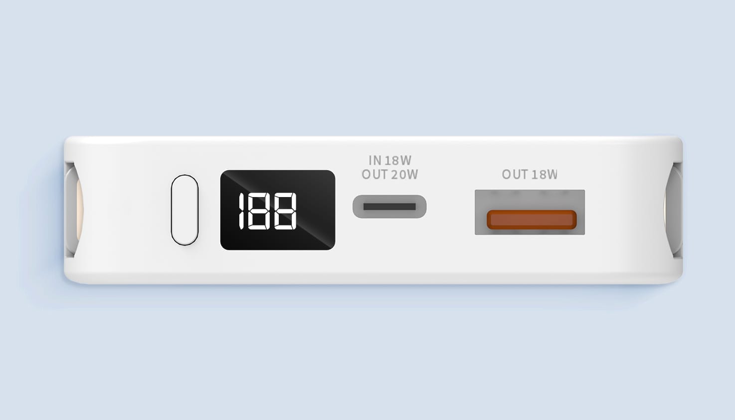 Vue de profil d'une batterie externe blanche sur fond bleu clair. Les ports sont visibles, ainsi que le bouton marche/arr&ecirc;t et l'&eacute;cran LED affichant le code &laquo; 188 &raquo;.