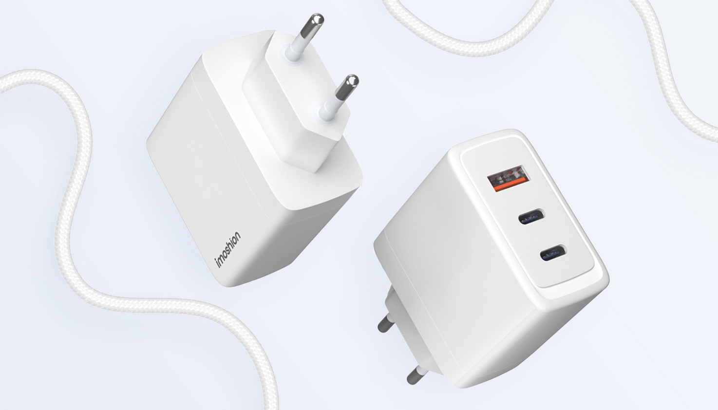 Deux blocs de recharge imoshion blancs avec deux ports USB-A et deux ports USB-C.